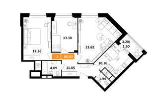 Планировка трехкомнатной(квартира) площадью 80.92 квадратных метров в “ЖК Планерный Квартал”