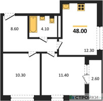 Планировка двухкомнатной(квартира) площадью 48 квадратных метров в “ЖК Родные кварталы”