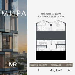 Планировка однокомнатной(квартира) площадью 45.08 квадратных метров в ЖК “Дом премиум-класса МИРА”