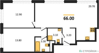 Планировка двухкомнатной(квартира) площадью 66 квадратных метров в “ЖК Wave (Вейв)”