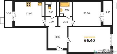 Планировка двухкомнатной(квартира) площадью 66.4 квадратных метров в ЖК “ЖК Пироговская Ривьера”
