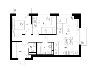 Планировка двухкомнатной(квартира) площадью 54.3 квадратных метров в ЖК “ЖК Матвеевский парк”