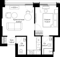 Планировка однокомнатной(квартира) площадью 38.8 квадратных метров в “ЖК Сити Бэй”