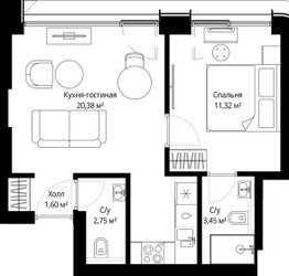 Планировка однокомнатной(квартира) площадью 38.8 квадратных метров в ЖК “ЖК Сити Бэй”
